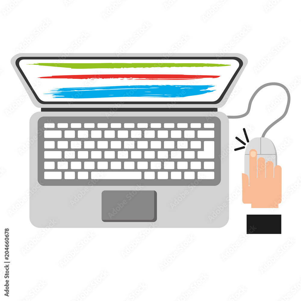 Poster hand with laptop computer and mouse device vector illustration design