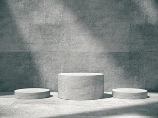 Pedestal for display,Platform for design,Blank product,concrete room .3D rendering.
