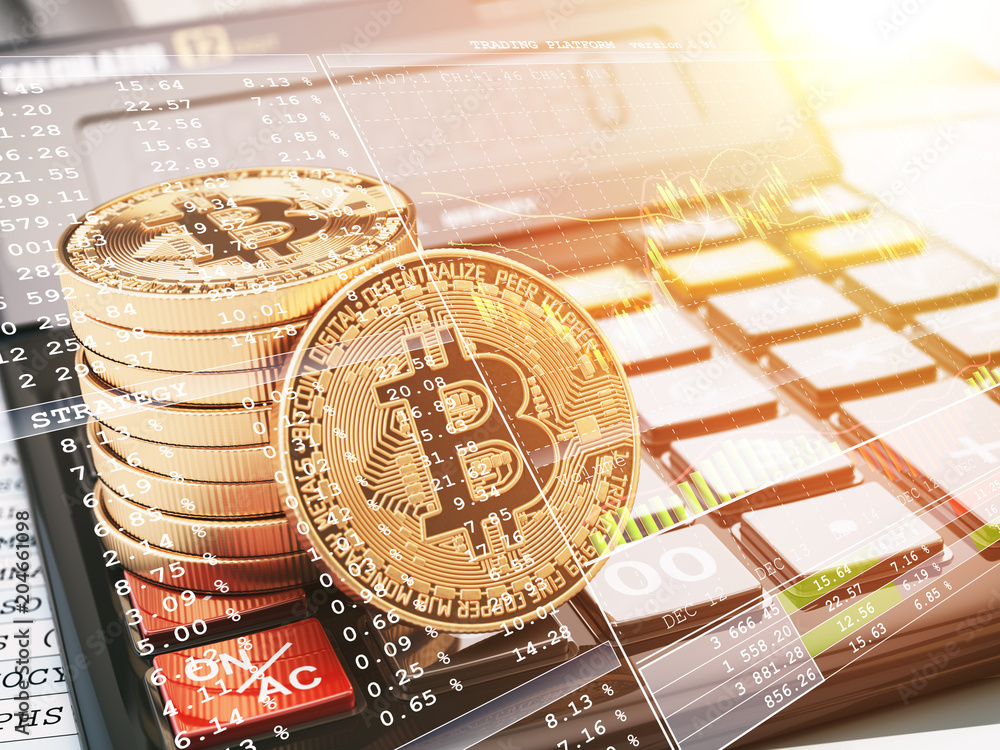 Poster bitcoin btc coin on the calculator and graph. crypto currency trading concept.