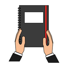 hands with study notebook closed isolated icon vector illustration design