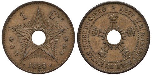 Belgian Congo coin one centime 1888, star with dots and rays, smaller stars at sides, center hole, five small monograms of Belgian King Leopold II, colonial times, copper,