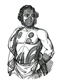 Tattoos of Māori - indigenous man of New Zealand (from Das Heller-Magazin, July 12, 1834)