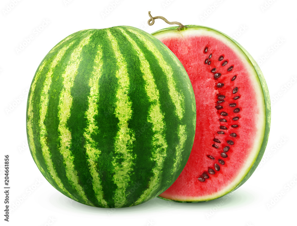 Aufkleber one watermelon cut in halves isolated on white background with clipping path