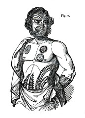 Tattoos of Māori - indigenous man of New Zealand (from Das Heller-Magazin, July 12, 1834)