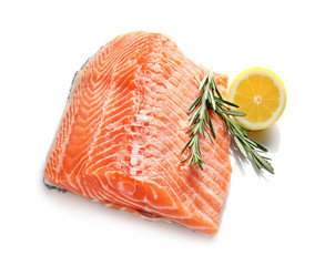 Raw salmon fillet with lemon and rosemary on white background