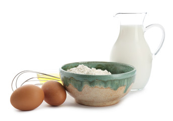 Ingredients for dough on white background