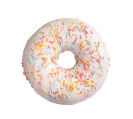 Fototapeta na wymiar Delicious glazed doughnut with sprinkles on white background