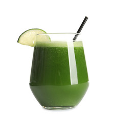 Glass with delicious detox juice on white background