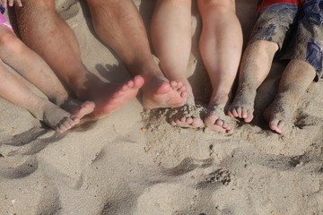 Parents' and Children's Legs with Feet in the Beach Sand, Various Colored Shorts, Sunny Afternoon in Florida in December