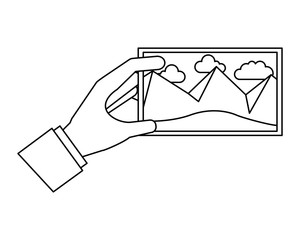 hand holding piece of art picture vector illustration thin line