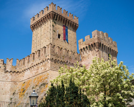View of the main tower of the medieval fortress of Offagna, Italy.