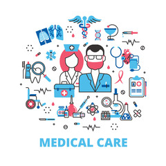 Flat line design website banner of health care, clinic and hospital facilities. Modern vector illustration for web design, marketing and print material.