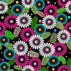 Fototapeta na wymiar Abstract wildflowers seamless pattern. Vector ornamental floral background. Beautiful elegance flourish ornaments with bright flowers, green leaves, branches, colorful polka dots, circles.