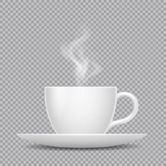 Vector realistic white cup with hot beverage and steam isolated on transparent background
