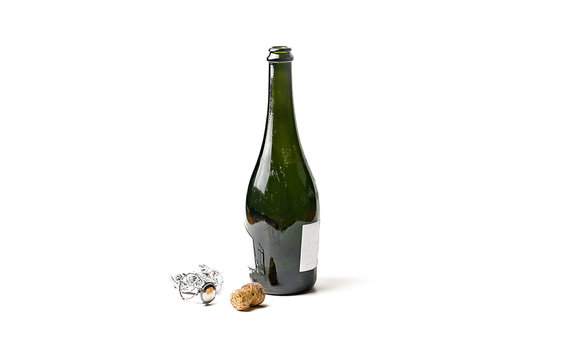 Open green bottle with champagne
