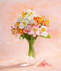 Still life with the bouquet of colorful Alstroemeria flowers  in a transparent glass vase on abstract background.