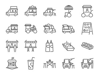 Food truck icon set. Included the icons as flea market, street food, hamburger, hotdog, trailer, business, merchant and more.