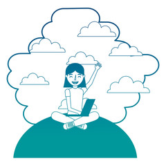 young girl sitting using laptop clouds background vector illustration neon color