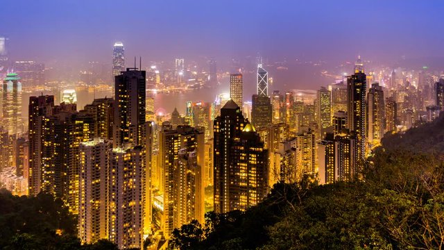 From sunset to night,the splendid view of Victoria Harbour, Hong Kong, China