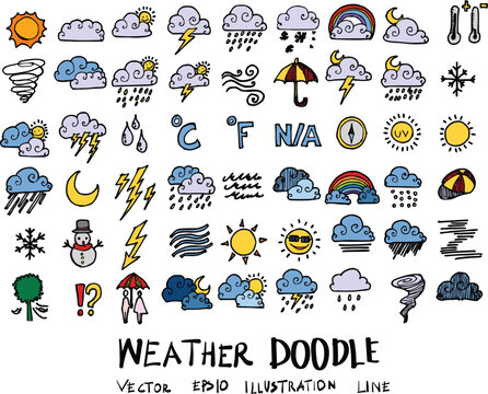 Hand drawn Sketch doodle vector line Weather element colour icon set on white eps10