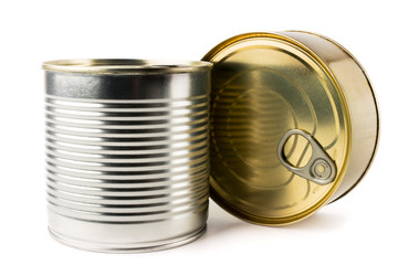 Two tin cans on a white background.