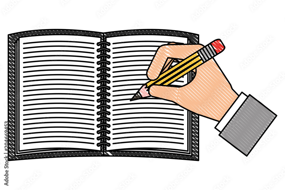 Poster study notebook open with hand y pencil isolated icon vector illustration design