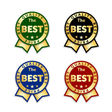 Ribbons award best price label set. Gold ribbon award icon isolated white background. Best quality golden label for badge, medal, best choice, price, certificate guarantee product. Vector illustration
