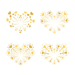 Beautiful heart-fireworks set. Gold romantic salute isolated on white background. Love decoration flat firework. Symbol of Valentine Day celebration, holiday, wedding. Vector illustration