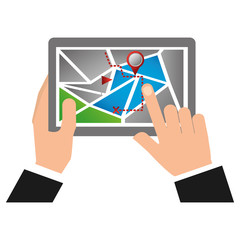 hands holding a tablet with mobile gps navigation touch screen map vector illustration 