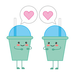 kawaii pair coffee cups together cartoon vector illustration