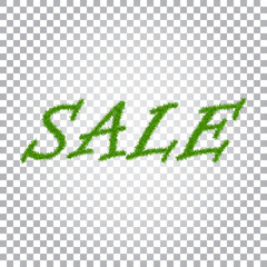 Green grass sale text, isolated white transparent background. Spring or summer nature design for banner, flyer, poster offer. Discount sale. Eco 3D texture. Letter grassy signs. Vector illustration