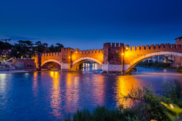 Bridge Ponte Scaligero at sunset in Verona, Veneto region, Italy.