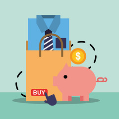 shopping bag clothes male piggy bank safe money online vector illustration