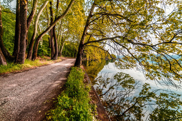 Fototapeta na wymiar Country Road by the Lake... Beautiful Magical Nature Autumn Scene