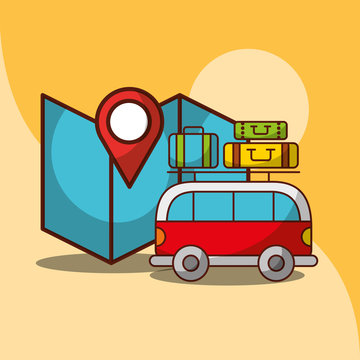 van car travel map location and baggage vector illustration