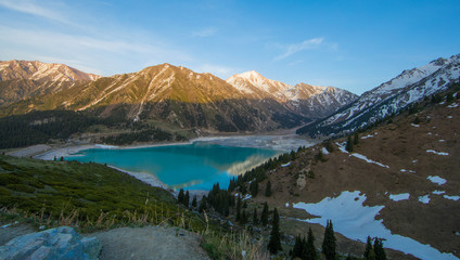 Tien Shan mountains, mountain lake, peaks, Big Almaty Lake, Kazakhstan