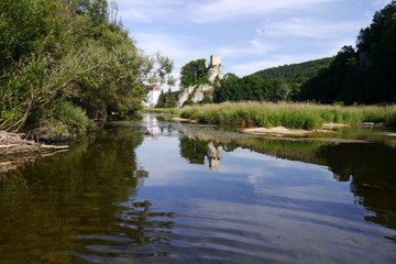 Fototapeta na wymiar Burg Dietfurt spiegelt sich im Fluss (Naturpark Oberer Donaudurchbruch)