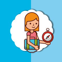 time to travel cartoon girl and suitcase compass vector illustration