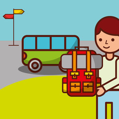 time to travel cartoon man holding backpack tourist vector illustration