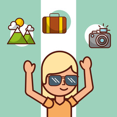 time to travel girl tourist suitcase mountain camera vector illustration