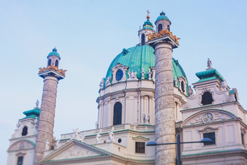 Fototapeta na wymiar View of Karlskirche, St. Charles Church, a baroque church located on the south side of Karlsplatz in Vienna, Austria, Roman Catholic cathedral
