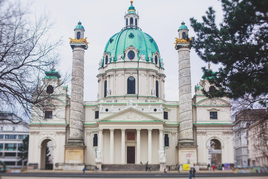 View of Karlskirche, St. Charles Church, a baroque church located on the south side of Karlsplatz in Vienna, Austria, Roman Catholic cathedral