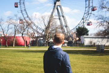 View of Prater Ferris Wheel, Vienna, Austria among spring green trees