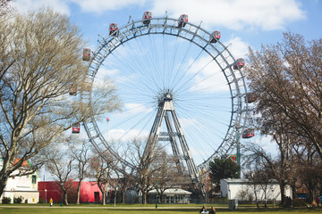 View of Prater Ferris Wheel, Vienna, Austria among spring green trees