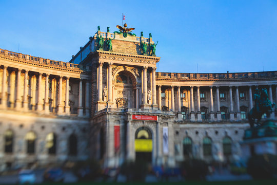  Library building facade exterior, established in 18th century, Hofburg Palace, Vienna, Austria, summer sunny day

