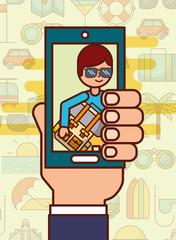 hand holding smartphone photo man with backpack travel vector illustration
