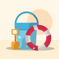 summer time beach bucket shovel and lifebuoy vector illustration
