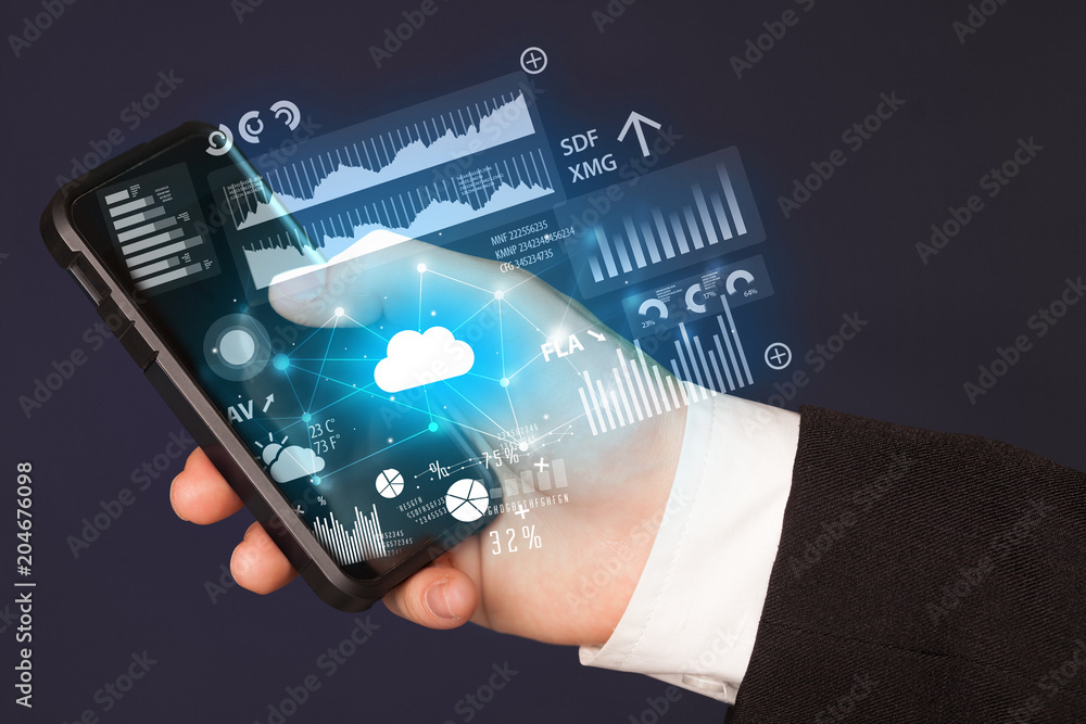 Poster hand using phone with cloud technology and linked information concept