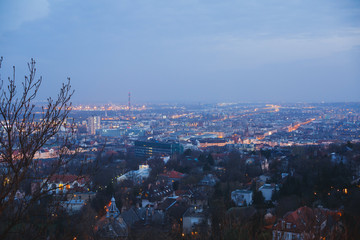 Obraz premium Beautuful super-wide angle aerial night view of Budapest, Hungary, with Danube river, Parliament building and scenery beyond the city, seen from observation point of Gellert Hill