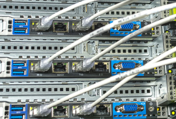 Close-up datacenter utp cableconnectors, router, switch network
